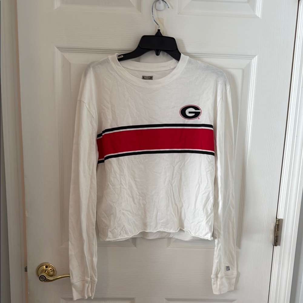 University of Georgia White Long Sleeve Shirt with Red and Black Stripe and Logo